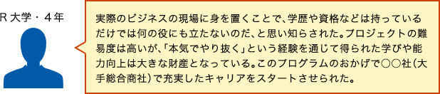 実際のビジネスの現場に身を置くことで、学歴や資格などは持っているだけでは何の役にも立たないのだ、と思い知らされた。プロジェクトの難易度は高いが、「本気でやり抜く」という経験を通じて得られた学びや能力向上は大きな財産となっている。このプログラムのおかげで○○社（大手総合商社）で充実したキャリアをスタートさせられた。（R大学・4年）